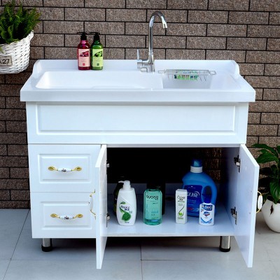 Bathroom Vanity laundry cabinet balcony with washboard laundry basin quartz stone basin solid wood European style floor-standing